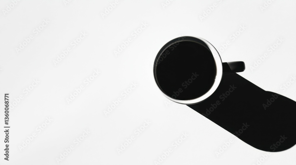 Minimalist overhead view of coffee cup with long shadow on white surface Minimalist overhead view of coffee cup with long shadow on white surface