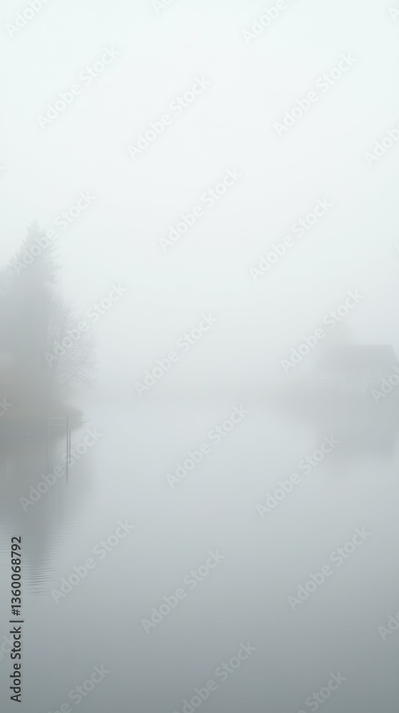 Fototapeta premium Serene lakeside with misty fog over calm water and trees