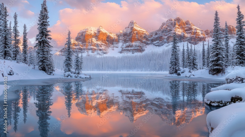 Obraz premium Winter wonderland serene lake reflecting sunrise mountains