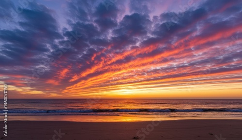 Scenic beach sunset with vibrant orange and purple hues in the sky.
