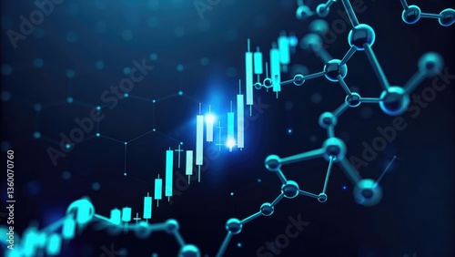 Biotech Investing Healthcare Finance. Abstract digital design featuring graphs and molecular structures in blue tones.