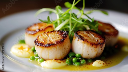 A high-end dish featuring pan-seared scallops with a garnish of pea shoots and a saffron beurre blanc. 