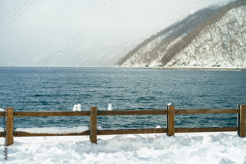 Wooden fence on the shore of Lake Shikotsu in winter