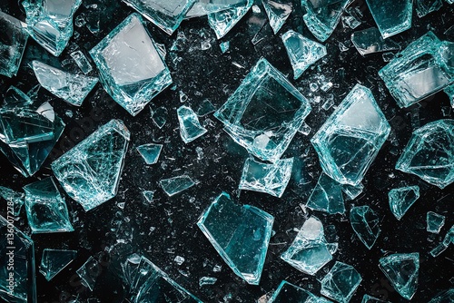 Scattered Glass Shards on Dark Surface Creating Abstract Pattern