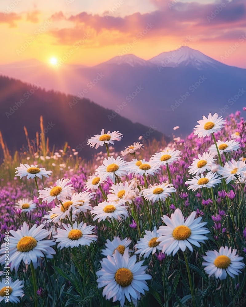 Fototapeta premium Wildflower Meadow at Sunset, Scenic Nature Landscape with Blooming Daisies and Mountain View