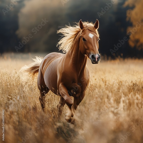 Majestic Chestnut Horse Galloping Through Golden Field at Sunset