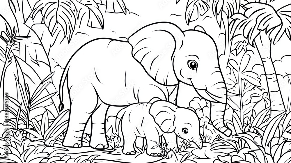Fototapeta premium Elephant Family in Lush Jungle, Coloring Page
