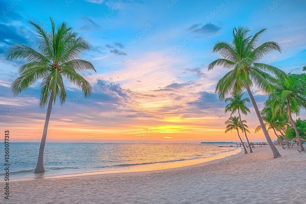 Obraz premium Tropical beach with palm on beautiful sandy beach, sunset sky. 