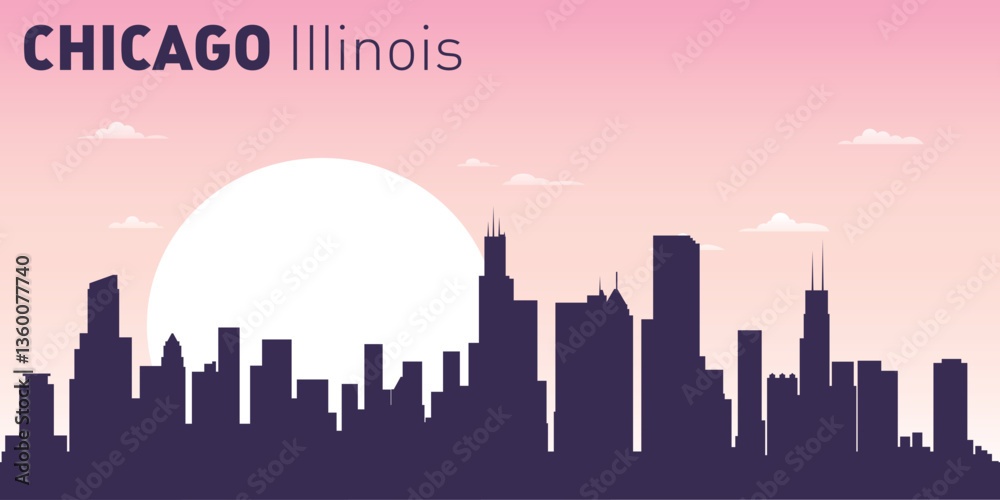 Fototapeta premium silhouette of the city skyline of Chicago, Illinois, USA, against the background of a large sun, with a pale pink and blue sky