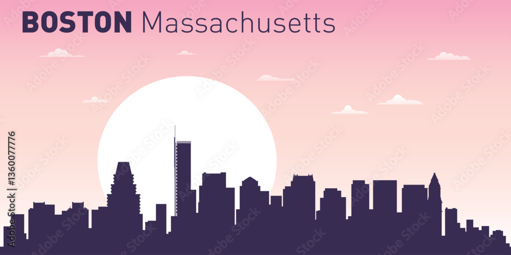 Fototapeta premium silhouette of the city skyline of Boston, Massachusetts, USA, against the background of a large sun, with a pale pink and blue sky