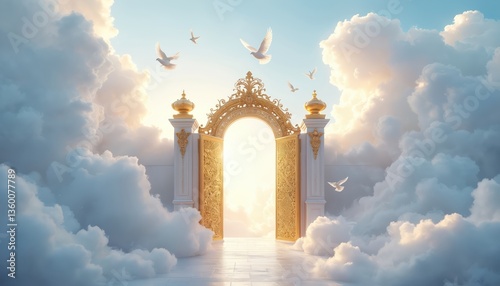 Open golden gates with doves flying through fluffy white clouds. Tranquil, heavenly scene with a bright light, creating peaceful atmosphere. Symbolizes spirituality, peace, freedom and afterlife.