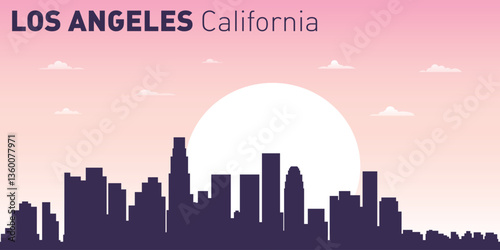 silhouette of the city skyline of Los Angeles, California, USA, against the background of a large sun, with a pale pink and blue sky