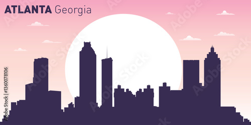 silhouette of the city skyline of Atlanta, Georgia, USA, against the background of a large sun, with a pale pink and blue sky