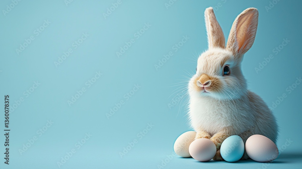 Fototapeta premium This cheerful Easter bunny banner features a cute rabbit surrounded by softly colored eggs, providing plenty of space for personalized text to enhance holiday celebrations