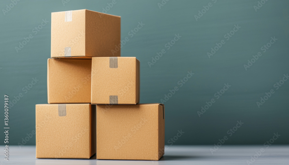 Fototapeta premium Four stacked cardboard boxes on wooden surface against green background