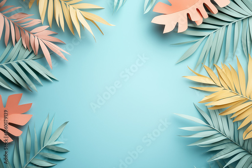 Tropical paper leaves in pastel tones arranged around a blank blue background. Minimal summer flat lay composition for creative design, copy space, web banners, or seasonal ads.