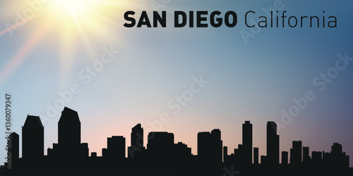 Cityscape, silhouette of the city of San Diego, California on the background of the sunset.	