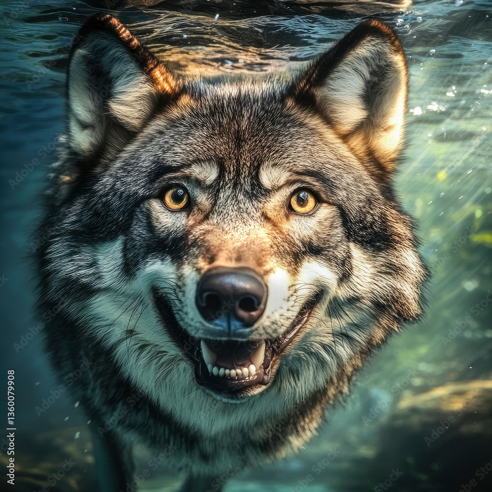 Obraz premium Underwater Portrait of a Smiling Gray Wolf