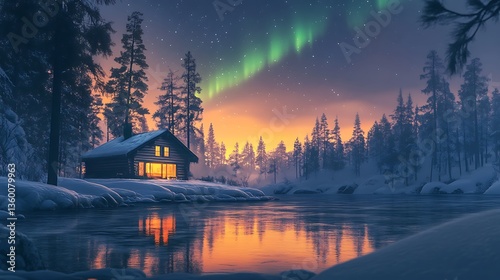 Serene lakeside cabin with aurora borealis lighting up the sky for a cozy winter vlog header