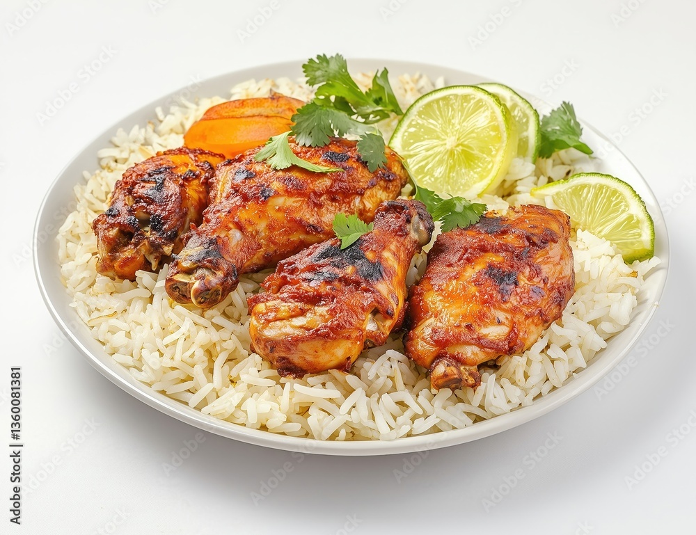 Delicious grilled chicken drumsticks with rice, carrot and lime on a plate for healthy eating Delicious grilled chicken drumsticks with rice, carrot and lime on a plate for healthy eating