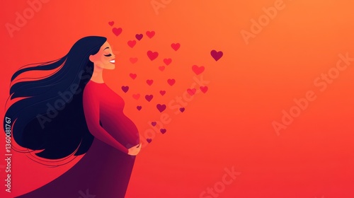 Joyful pregnant woman surrounded by floating hearts, celebrating motherhood and love in a vibrant orange background, representing happiness and anticipation