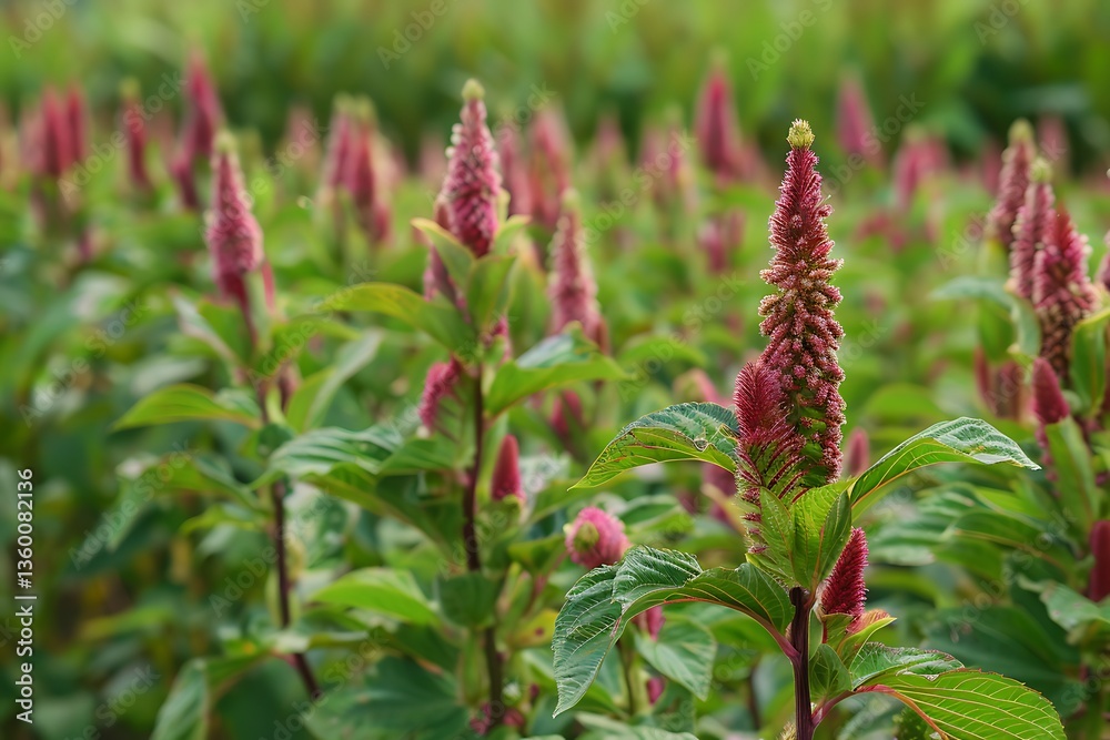 • A dense field of amaranth with vibrant red and green leaves and striking seed heads. • A dense field of amaranth with vibrant red and green leaves and striking seed heads.