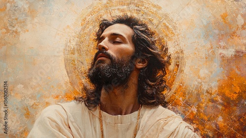 A soft, painterly rendering of Jesus with a halo formed from intricate, swirling lines of gold, set against a tranquil background of muted pastels