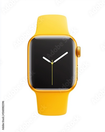 Smartwatch Displaying Time with Yellow Band on a White Background