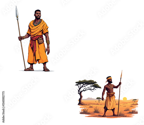 African warriors holding spears, guarding and protecting their territory at sunset