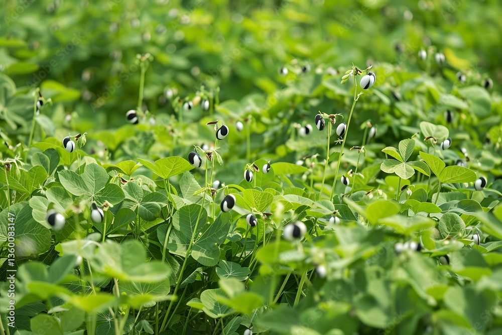 • A dense field of black-eyed peas with green plants and distinctive black and white pods. • A dense field of black-eyed peas with green plants and distinctive black and white pods.
