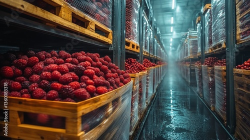 Rows of wooden crates filled with fresh raspberries line the aisles of a cold storage warehouse, maintaining optimal conditions for perishable products and ensuring quality for future distribution.