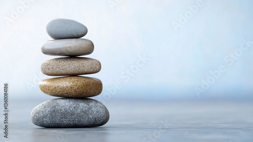 A serene stack of five smooth and naturally-colored stones positioned elegantly on a gray surface with a soft blurred light-blue background setting