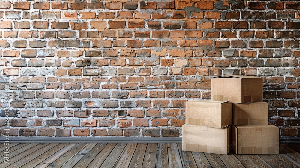 Stack of boxes against a brick wall in the empty room with. Generated AI image Stack of boxes against a brick wall in the empty room with. Generated AI image