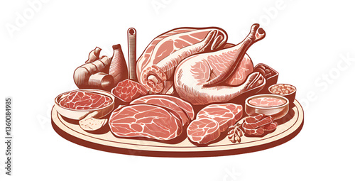 Meat Platter Illustration Fresh Cuts of Beef, Pork, and Poultry in Vintage Style