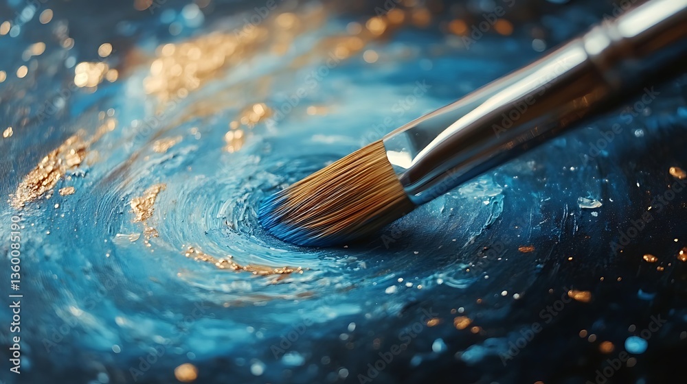 Fototapeta premium Close-up of a painter’s brush creating galaxy swirls for an art tutorial thumbnail full of wonder