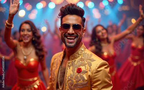 A vibrant close-up of a smiling Indian man in golden, embroidered attire, poster for Bollywood music and dance, can be used for indian style wedding