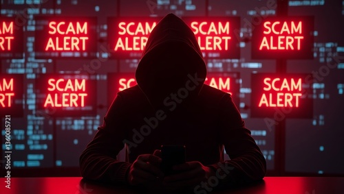 A hooded figure hints at anonymity, illuminated by glowing 'Scam Alert' signs, conveying a sense of digital threat.