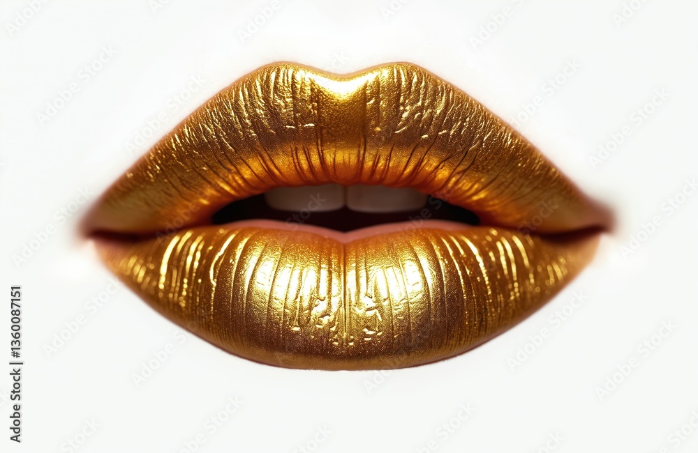 Sensual close-up golden female lips. Mouth with gold lipstick isolated on white background. Beauty concept, lips, cosmetics. Glamour, fashion, cosmetics. Sensual close-up golden female lips. Mouth with gold lipstick isolated on white background. Beauty concept, lips, cosmetics. Glamour, fashion, cosmetics.