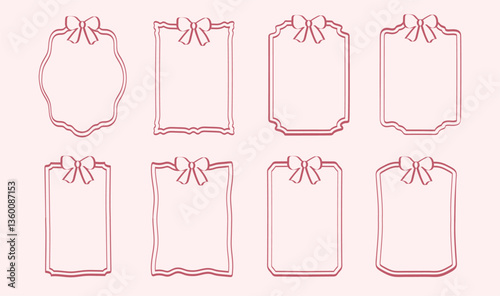Vintage bow frames for greeting cards, wedding and birthday parties, and picnic invitations in cute elegant coquette style. Hand-drawn ribbon border illustration for social media decoration template. 