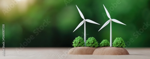 Renewable energy wind decarbonization concept. Miniature wind turbines with greenery on a natural background.