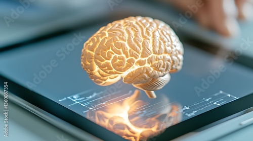 Digital brain model visualization modern workspace 3d rendering technology close-up neuroscience concept