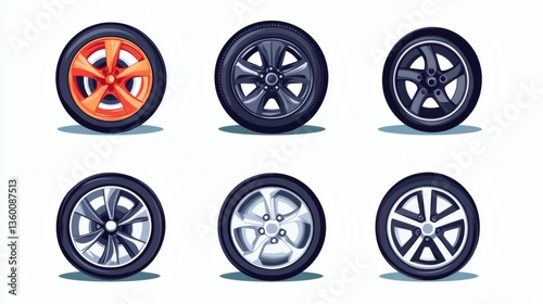 Six different car wheel designs with various colors and styles.