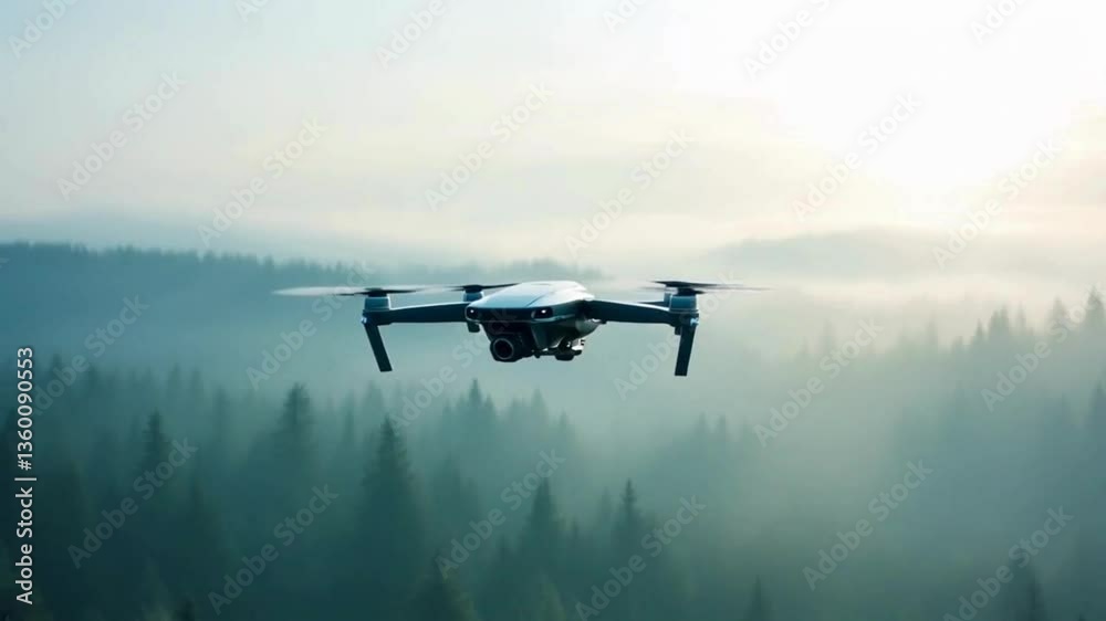 High-Tech Drone Glides Smoothly Over Dense Forest Covered in Morning Mist with Sunlight Filtering Through Treetops Captured in Close-Ups of Its Advanced Design and Wide Cinematic Shots of the Fogg High-Tech Drone Glides Smoothly Over Dense Forest Covered in Morning Mist with Sunlight Filtering Through Treetops Captured in Close-Ups of Its Advanced Design and Wide Cinematic Shots of the Fogg