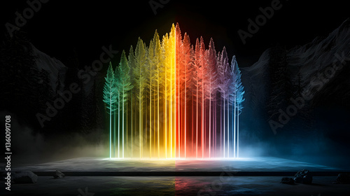 A colorful forest scene with trees emitting vibrant light. Use it as a stunning wallpaper or as inspiration for digital art projects.