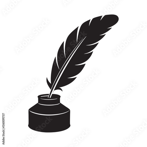 Inkwell with Quill black Silhouette Vector Illustration on white background 