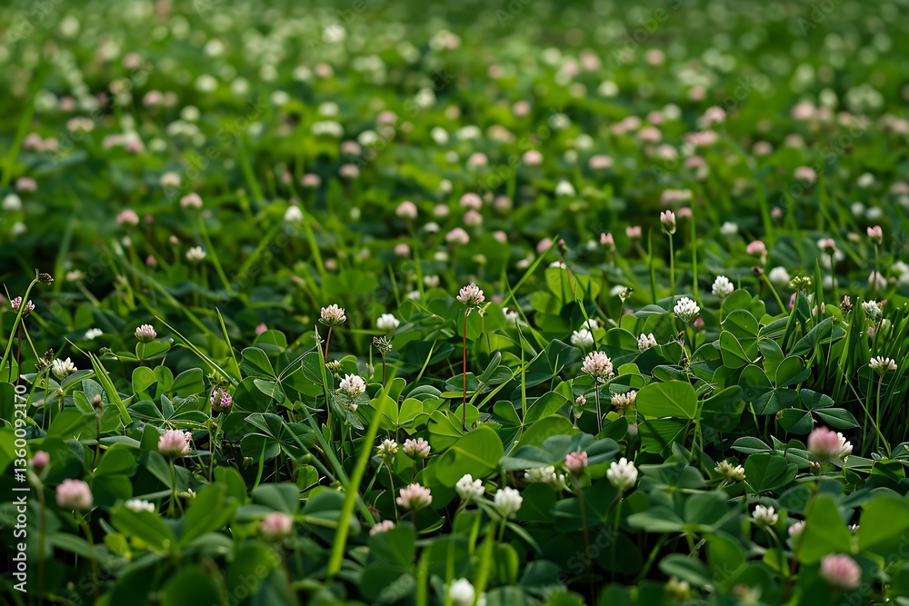•  A field of lush green clover with tiny white and pink flowers scattered among the foliage.