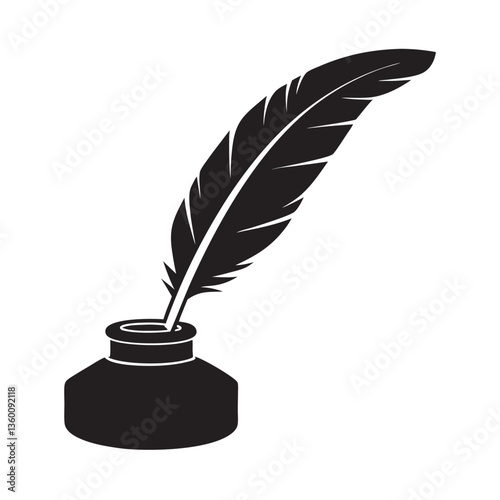 Inkwell with Quill black Silhouette Vector Illustration on white background 