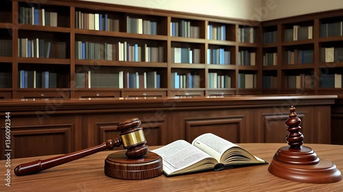 Courtroom Desk with Gavel Books and Scales for Legal Media Content