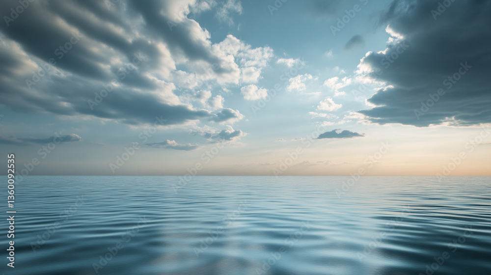 A serene ocean or sea scene under calm weather conditions, featuring soft clouds drifting across the sky A serene ocean or sea scene under calm weather conditions, featuring soft clouds drifting across the sky