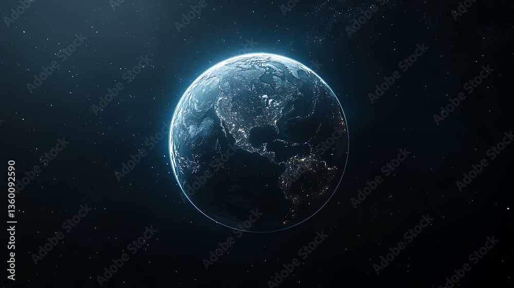 Obraz premium Realistic Earth from Space with Glowing Atmosphere, A realistic depiction of Earth from space, showing continents and oceans with a glowing atmosphere
